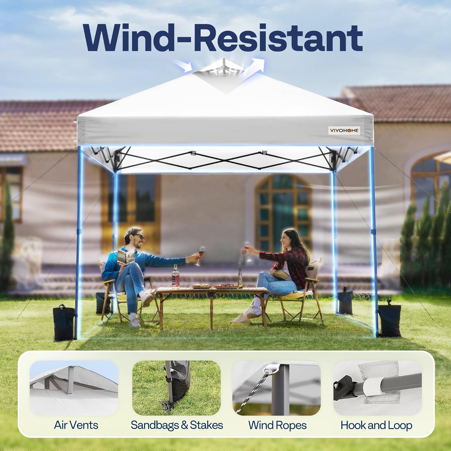 VIVOHOME Canopy Tent 3x3m Outdoor Shelter 2 Tiers Roof with Portable Wheel Carry Bag and 4 Sandbags Pop Up for Patio Garden Backyard