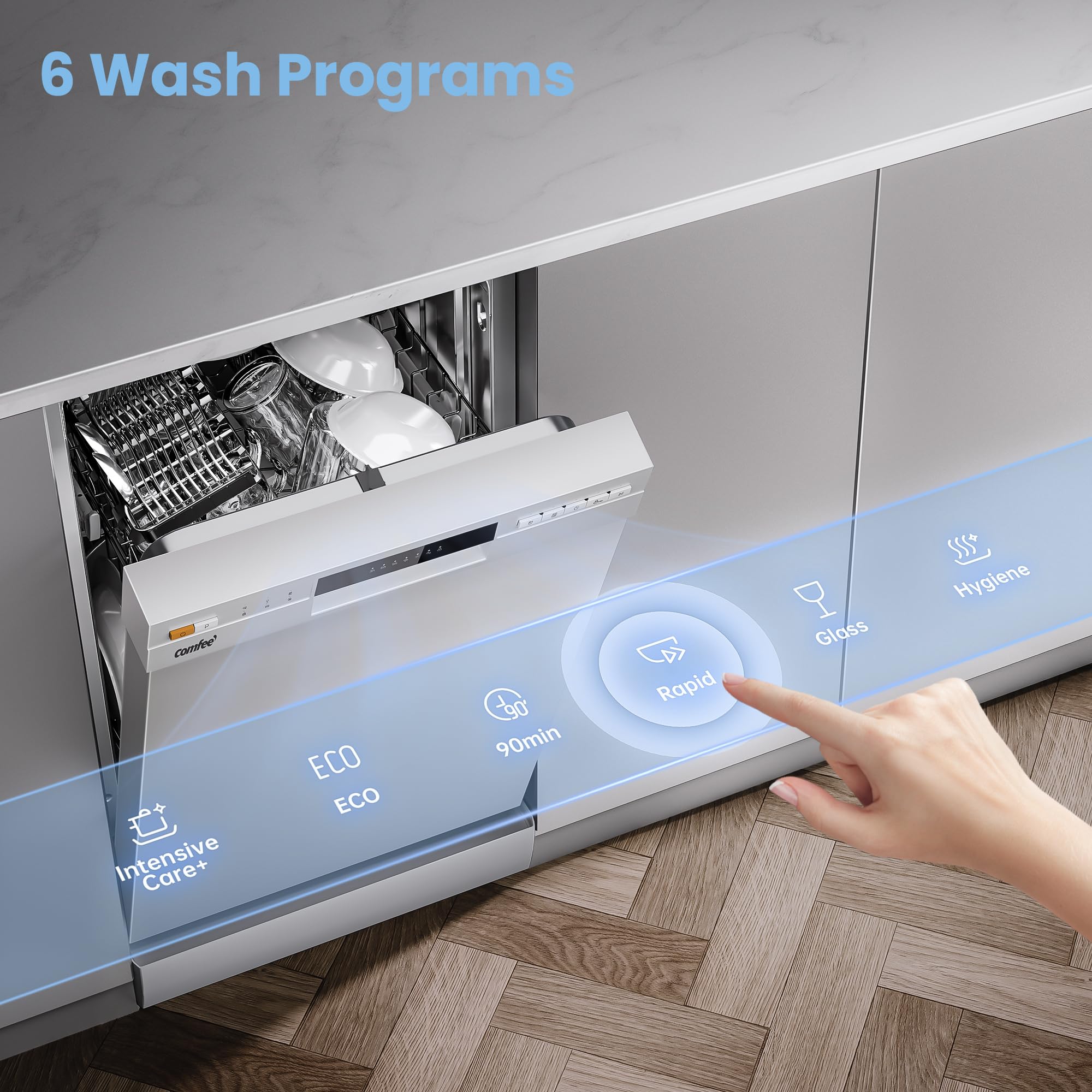 COMFEE' Freestanding Dishwasher CDWEF1034BW-UK 45cm Width, Slimline Dishwasher with 10 place settings, Quick Wash, Hygiene Wash, Delay Start, Half Load, Adjustable Basket - White