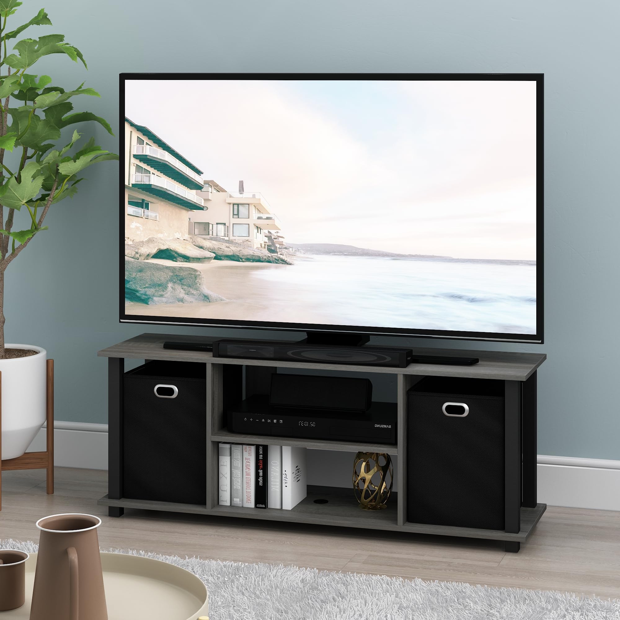 Furinno TV Entertainment Center, Wood, French Oak Grey/Black/Black, one size