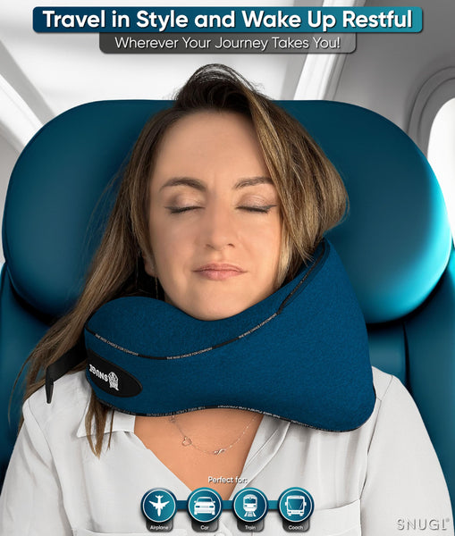 SNUGL Travel Pillow – Memory Foam Neck Pillow for Travel – Support Cushion for Airplane with Carry Bag & Clip - Holiday Essentials (Black - Adult Regular)