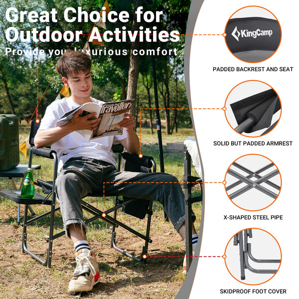 KingCamp Folding Camping Chairs for Adluts Heavy Duty Directors Chair with Cooler Bag and Side Table Support up to 150KG