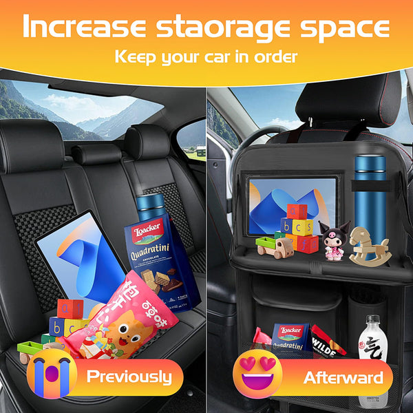 Resszo Car Organiser,Car Seat Organiser for Kids with Tablet Holder, Multifunctional WaterProof Back Seat Protector with 10.5 iPad Foldable Tray Table, 6 Pockets Toy Storage