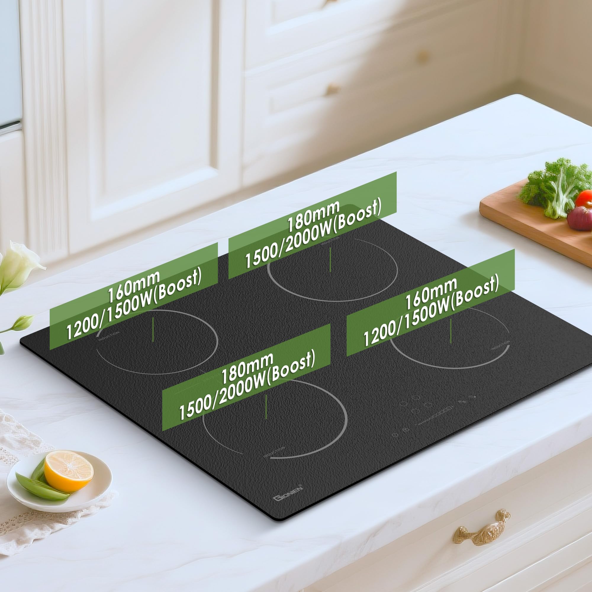 GlONlEN Plug-in Induction Hob White 13 Amp 2800W,59cm Integrated Electric Cooktop with Bridge Zone, 4 Cooking Rings,Built-in Cooker