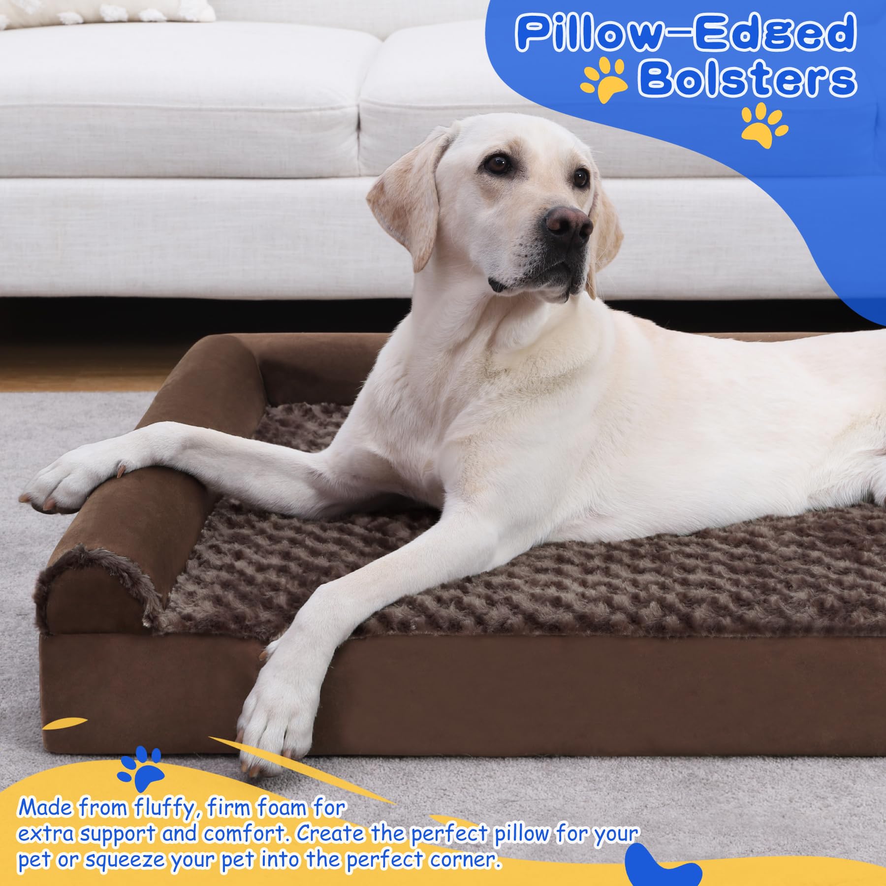 KSIIA Large Dog Bed, Orthopedic Dog Sofa Beds Couch with Removable Washable Cover, Waterproof Pet Sofa with U-Shape Bolster, Grey 88.9x55.88x16cm