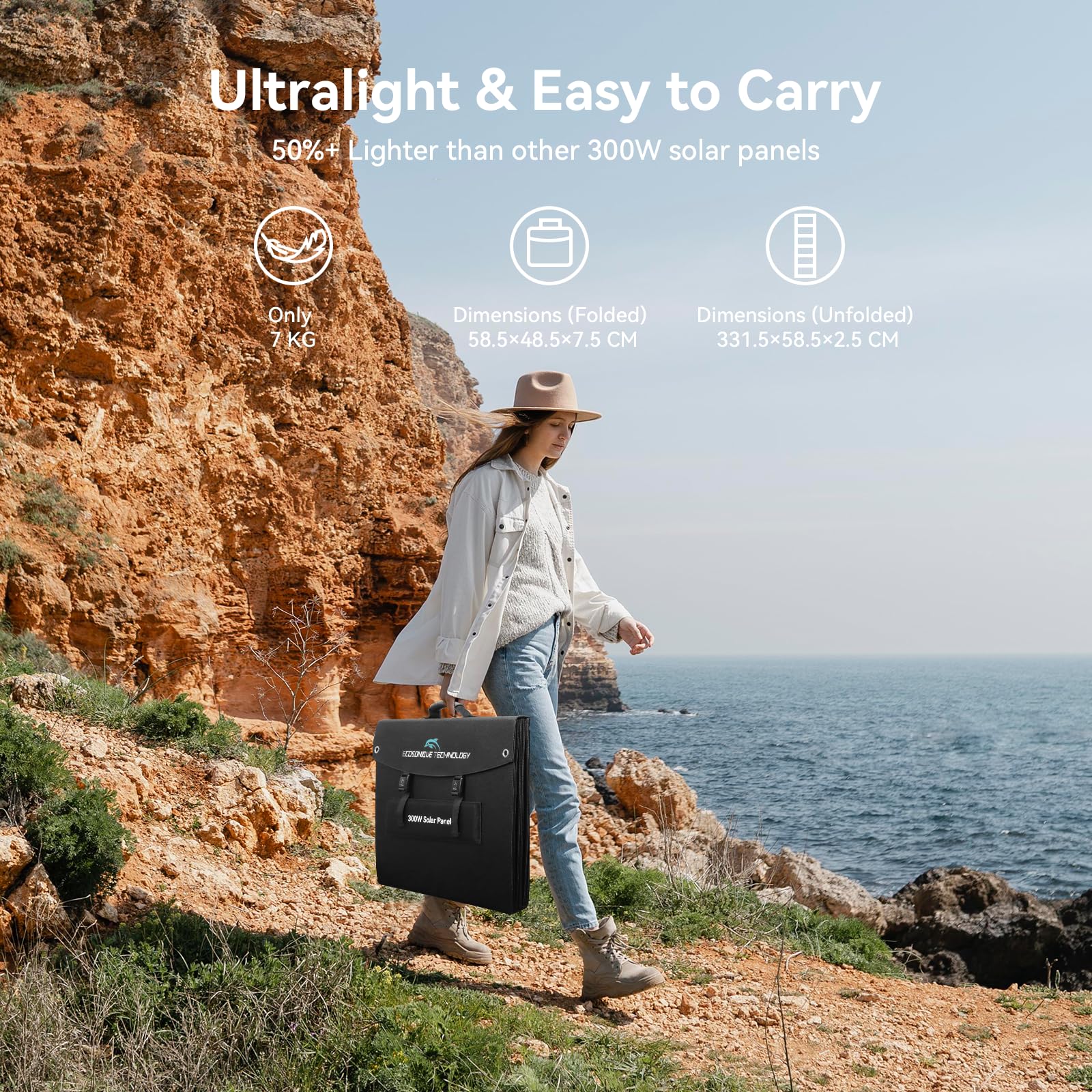 Ecosonique 100W Portable Foldable Solar Panels Charger Fast Charging with USB-C PD3.0 USB-A QC3.0 DC 20V Lightweight with Kickstand for Camping Power Station Solar Generators Cell Phones Power Banks