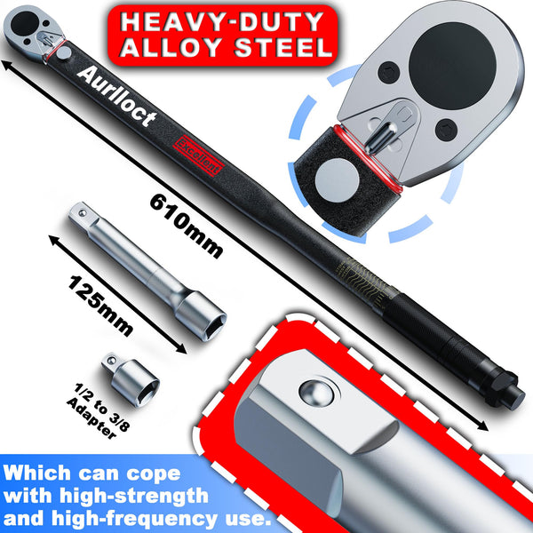 1/2" Torque Wrench Set, Car Wheel Torque Spanner 20-230 Nm with 3/8'' Adapter, ± 3% Accuracy, 72 Tooth for Car Repair, Tire Replacement Etc