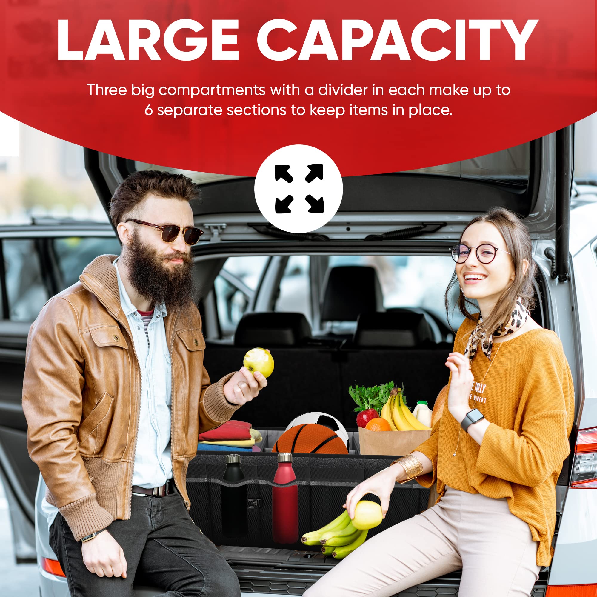 FORTEM Car Boot Organiser, Collapsible Multi Compartment SUV Organizer, Foldable Storage for Car Accessories for Women Men, 600D Oxford, Non Slip Bottom, Securing Straps, Soft Cover (50L)