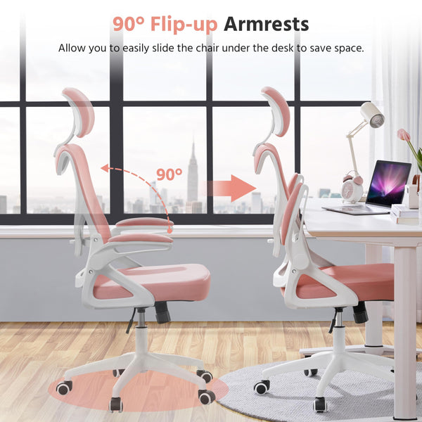 Yaheetech High Back Home Office Chair Ergonomic Swivel Desk Chair with Arms and Height Adjustable Back Support for Home Study or Manager Work White/Pink