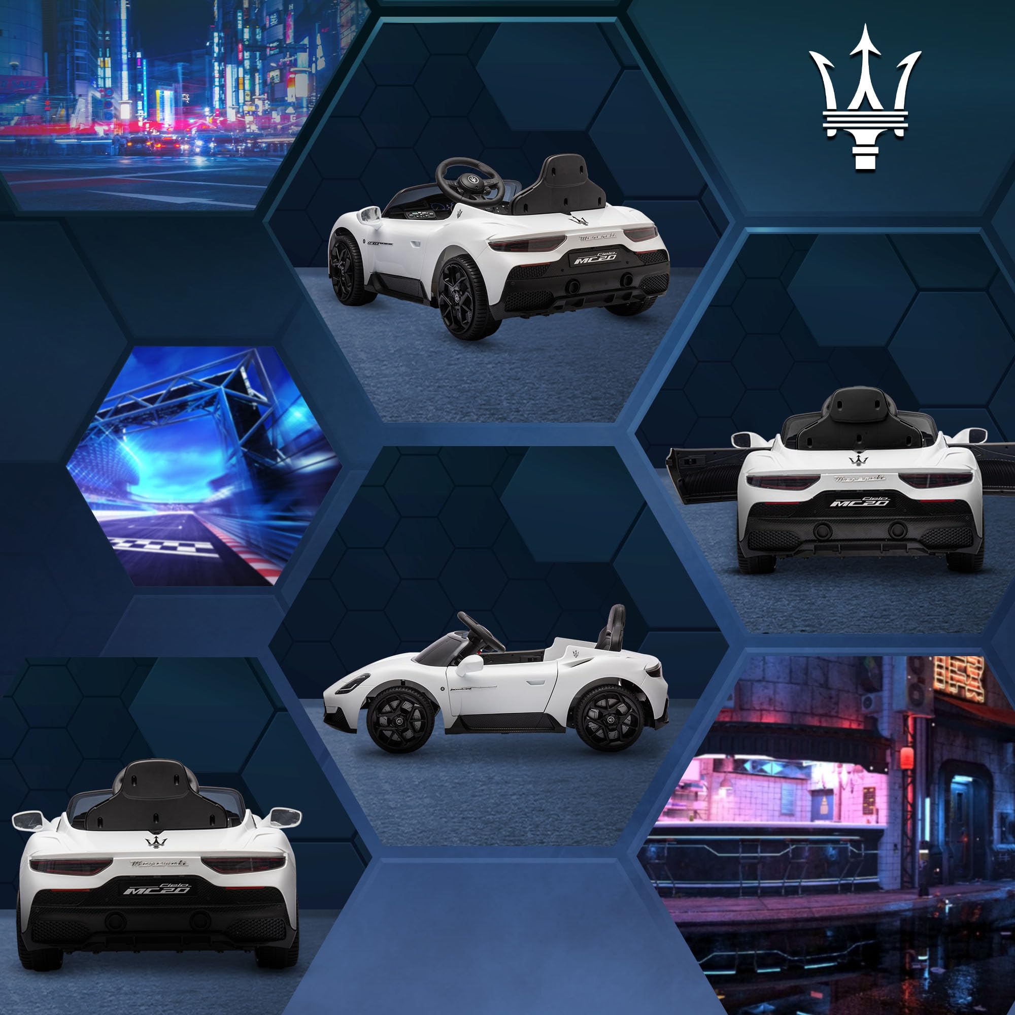 Maserati MC20 Licensed 12V Kids Electric Car with Slow Start, Remote Control, Music, LED Lights, Horn, Spring Suspension, for 3-6 Years, White