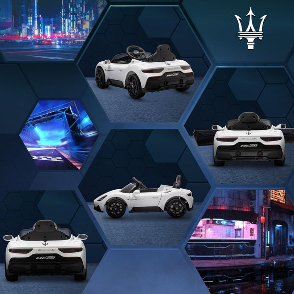 Maserati MC20 Licensed 12V Kids Electric Car with Slow Start, Remote Control, Music, LED Lights, Horn, Spring Suspension, for 3-6 Years, White