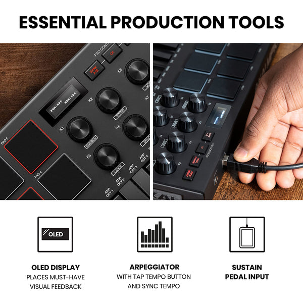 Akai Professional MPK Mini MK3 - 25 Key USB MIDI Keyboard Controller with 8 Backlit Drum Pads, 8 Knobs and Music Production Software and Native Instruments Sound Package (NKS Integration)