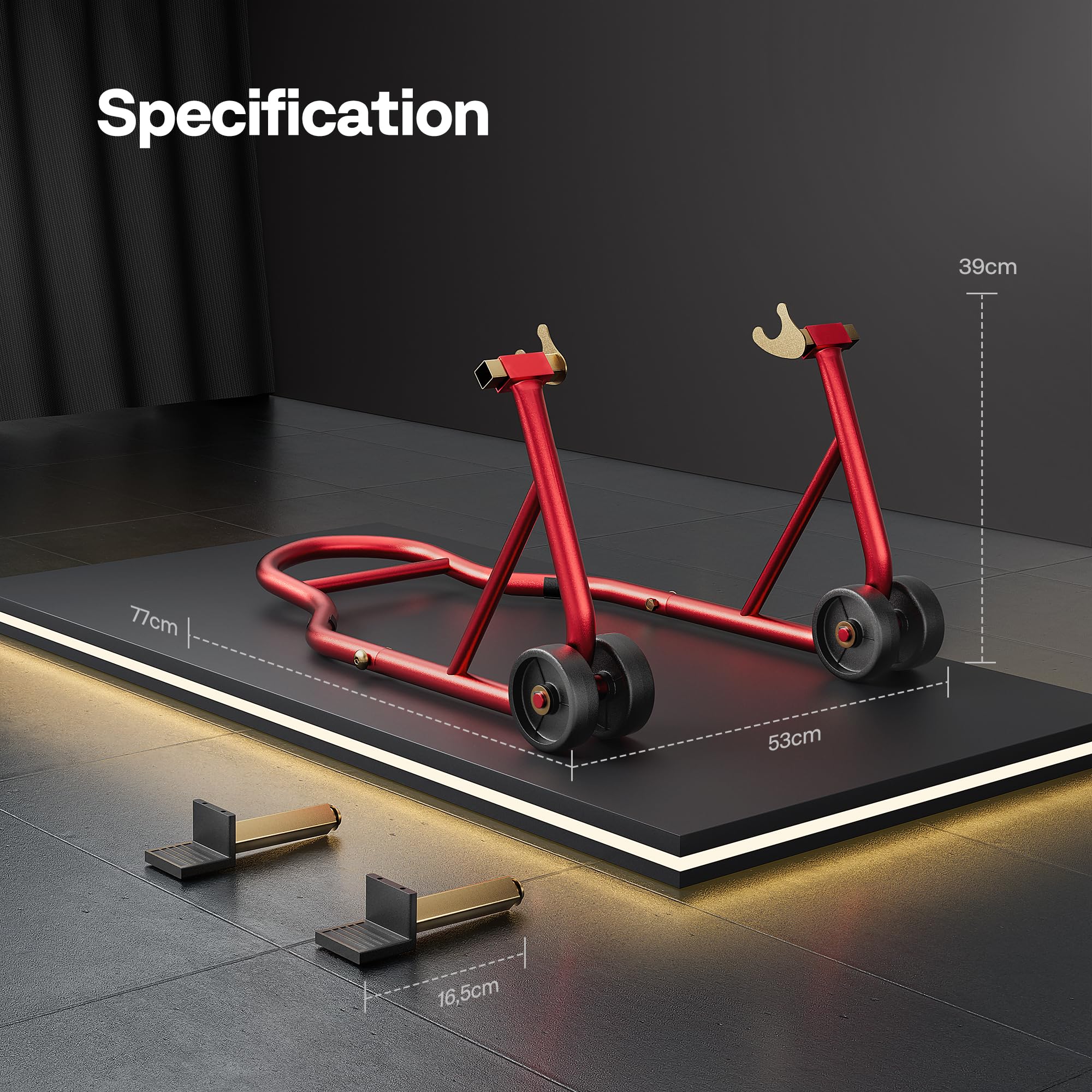 SPECSTAR Motorcycle Paddock Stand Combo 400kg Capacity Front and Rear Wheel Lift with U & L Fork Adjustable Swingarm Spool Stands for Motorbike Garage Repair Use Scissor Stand with 4 Wheels