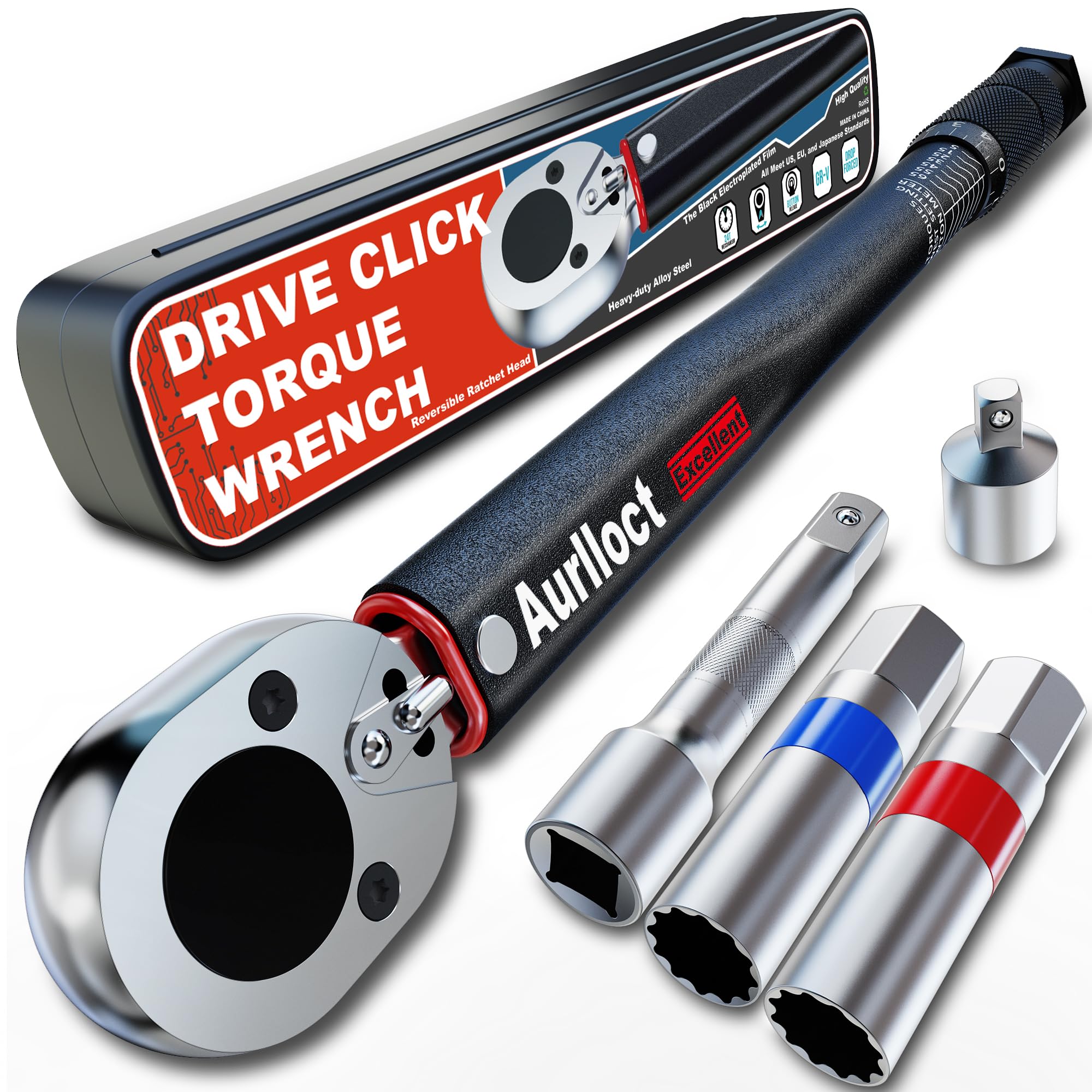 1/2" Torque Wrench Set, Car Wheel Torque Spanner 20-230 Nm with 3/8'' Adapter, ± 3% Accuracy, 72 Tooth for Car Repair, Tire Replacement Etc