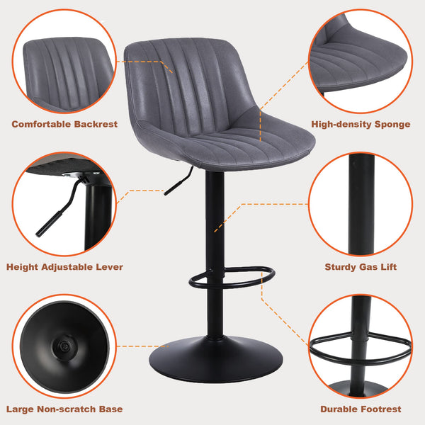 Youhauchair Bar Stools Set of 2, Swivel Counter Height Barstools with Back, Adjustable PU Leather Bar Chairs, Modern Armless Kitchen Island Stool, Black