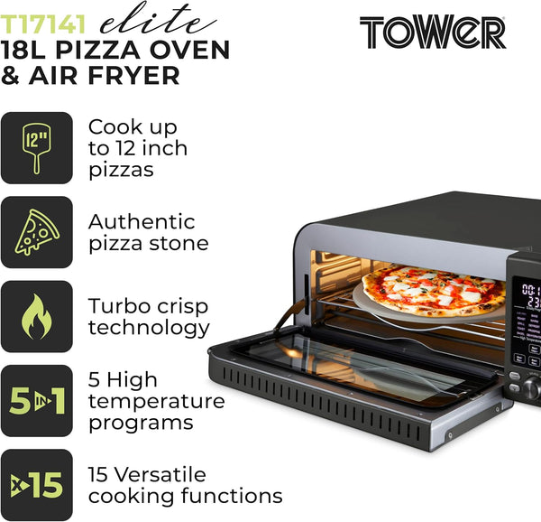 Tower T17141 Elite Pizza Oven with 5 High Temperature Programs, 15 Cooking Functions, Turbo Crisper, 18L, 2000W, Grey & Chrome