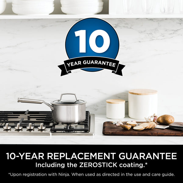 Ninja ZEROSTICK 5-Piece Pan Set, Long Lasting Non Stick,16cm, 18cm & 20cm Saucepans with oven-safe glass lids, 16cm Milk Pan, 24cm Frying Pan, Stainless Steel Cookware C6500UK