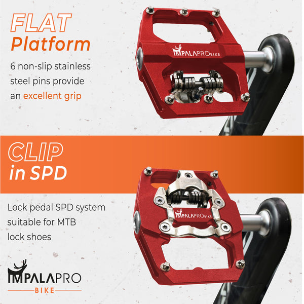 IMPALAPRO - Dual Function Bicycle Pedals: Flat and SPD Clipless, 9/16'' Compatible, MTB (Red)