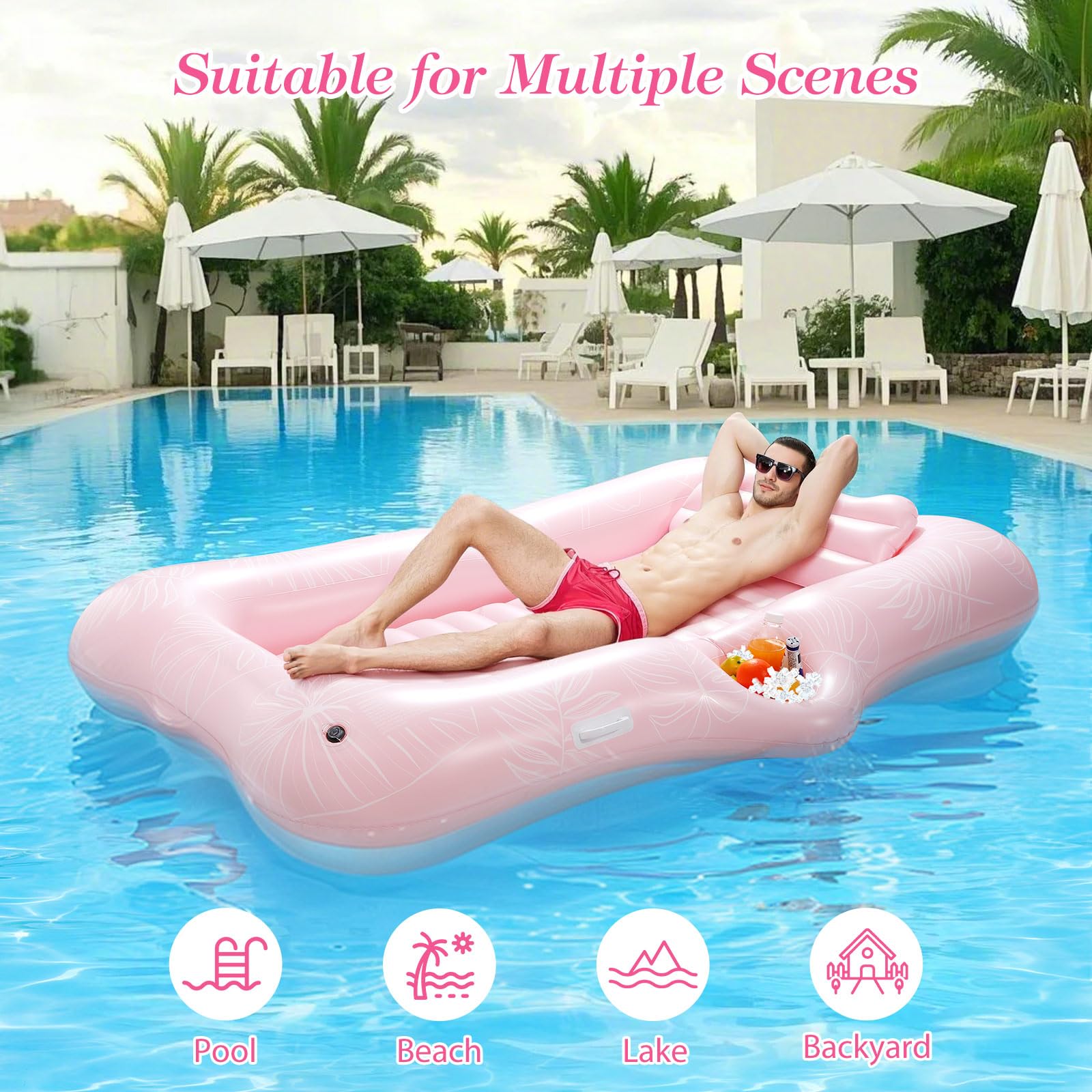 MoKo Pool Floats Adult, Floating Bed with Ice Bar, Tanning Bed Pool Raft Inflatable Lounger with Drink Holder Tanning Chair Inflatable Pool Toys for Party Beach Backyard