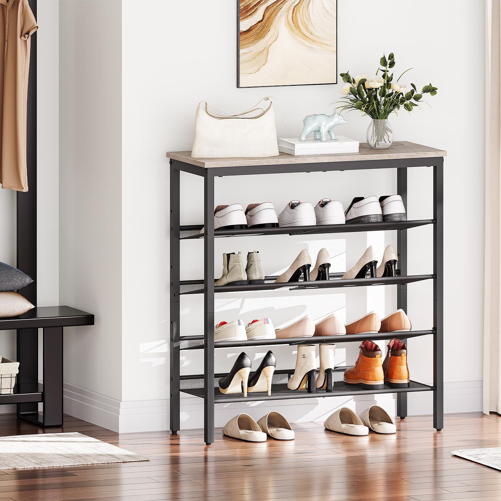 HOOBRO Shoe Rack, 5-Tier Shoe Organizer, Shoe Storage Rack for 16-20 Pairs, Adjustable Mesh Shelves, Shoe Storage Unit for Entryway, Metal Frame,