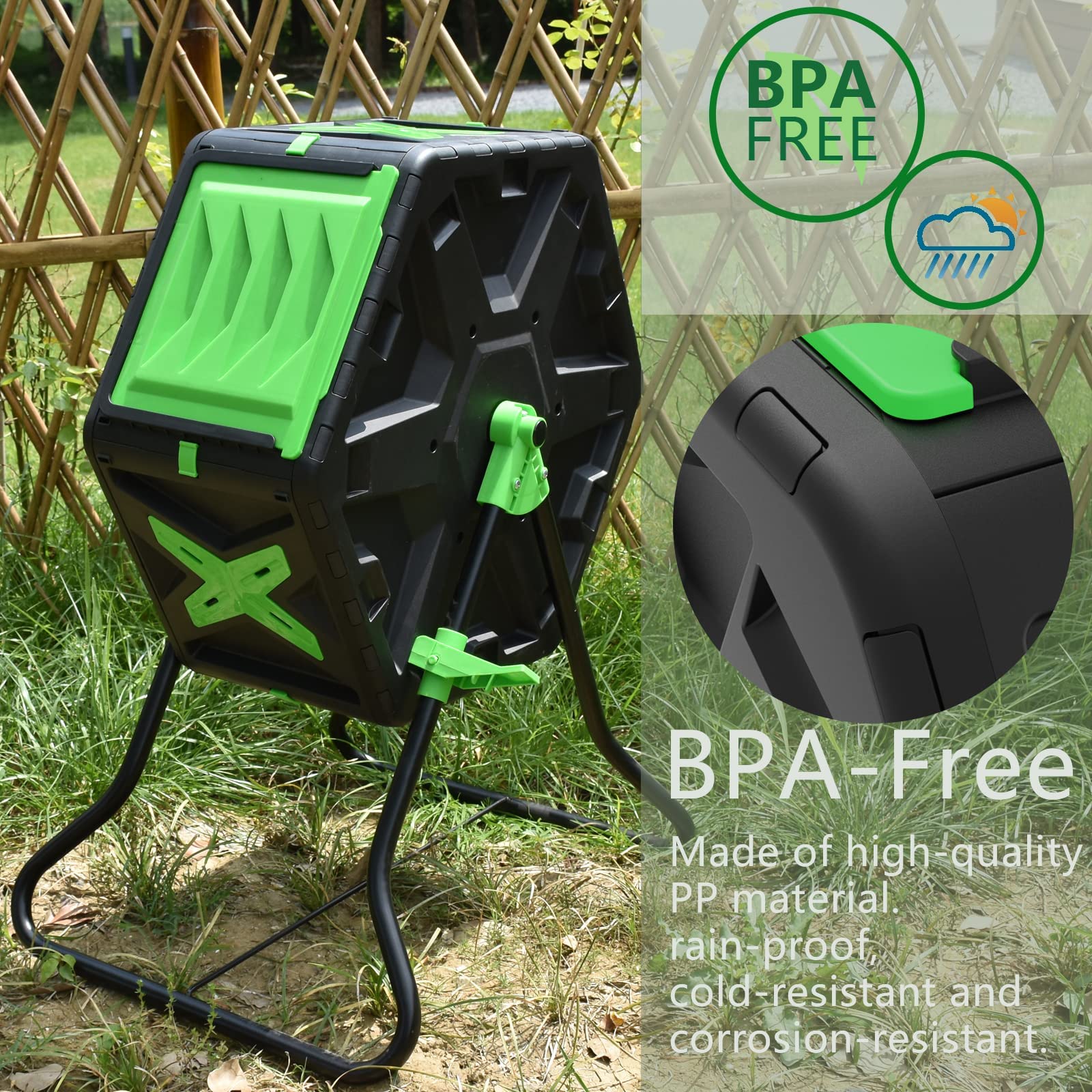 70L Tumbling Compost Bin, Single Chamber Compost Tumbler with Easy-Turn, Fast-Working System for Garden, Black&Green