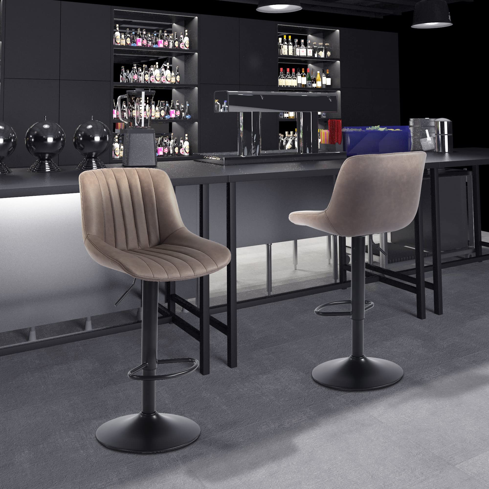 Youhauchair Bar Stools Set of 2, Swivel Counter Height Barstools with Back, Adjustable PU Leather Bar Chairs, Modern Armless Kitchen Island Stool, Black