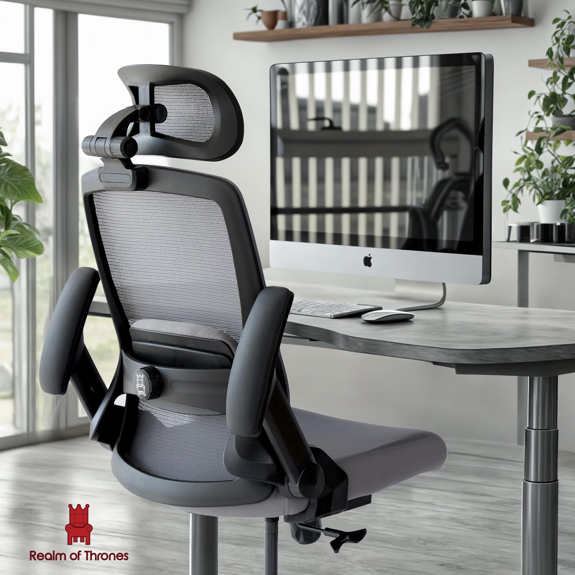 Realm of Thrones CAPTAIN Ergonomic Office Chair for Home, Heavy Duty Steel Base, Versatile Flip-up Armrests, Adjustable Lumbar Support, Mesh Back Comfort Cushion Seat for Computer Desk/Gaming (Black)