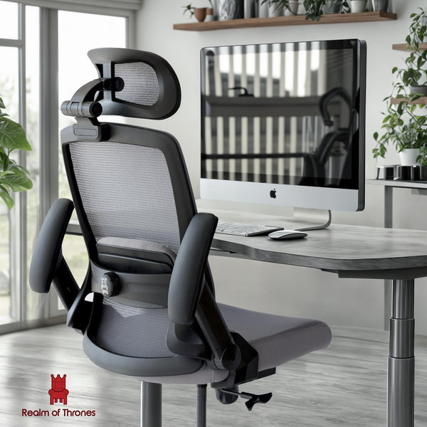 Realm of Thrones CAPTAIN Ergonomic Office Chair for Home, Heavy Duty Steel Base, Versatile Flip-up Armrests, Adjustable Lumbar Support, Mesh Back Comfort Cushion Seat for Computer Desk/Gaming (Black)