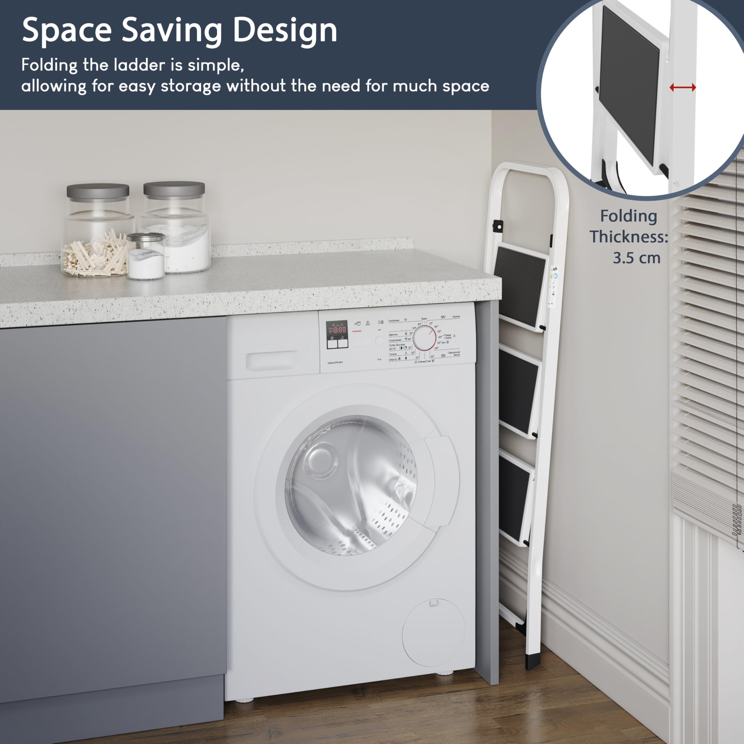 Home Vida 3 Step Ladder - Heavy Duty Steel Folding Ladder with Slip-Resistant and Wide Steps, Folding Mechanism, 150kg Max Load, Home/Kitchen/DIY/Garden Use, White