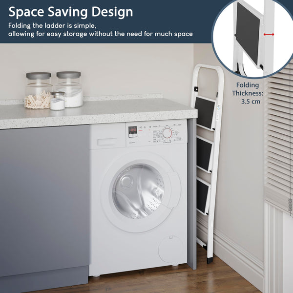 Home Vida 3 Step Ladder - Heavy Duty Steel Folding Ladder with Slip-Resistant and Wide Steps, Folding Mechanism, 150kg Max Load, Home/Kitchen/DIY/Garden Use, White