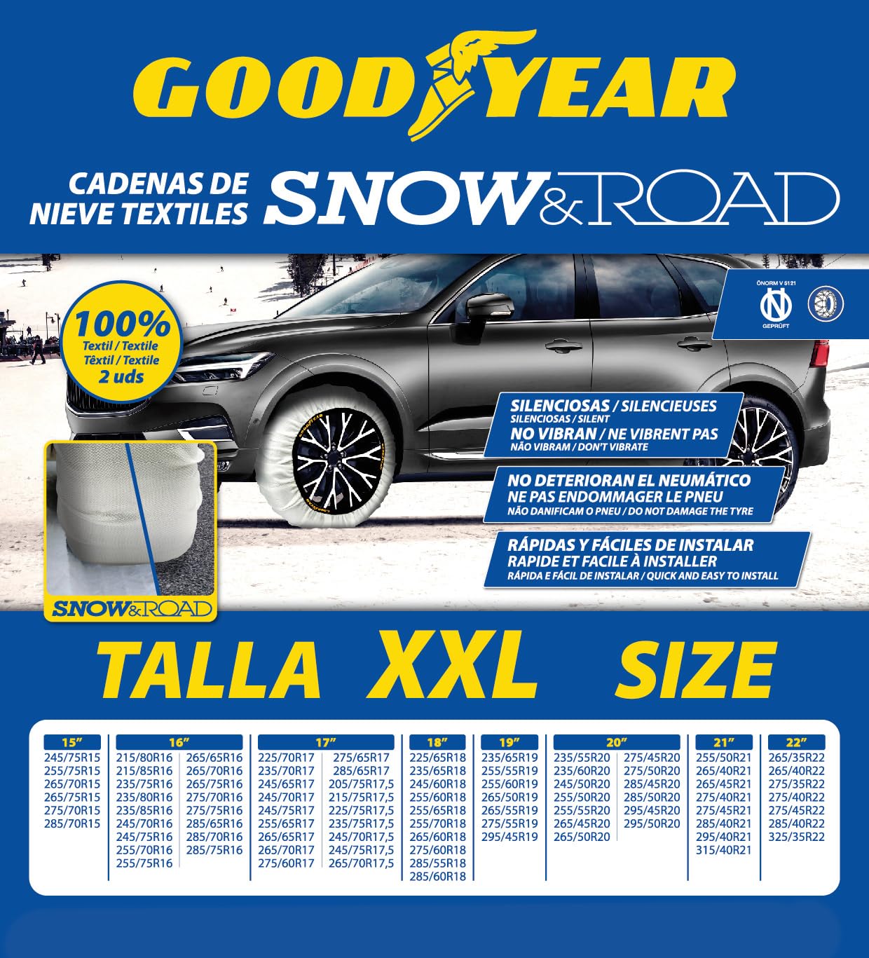 Goodyear Set of 2 x 9 mm Metallic Car Snow Chains Size 110 with Automatic Tensioner