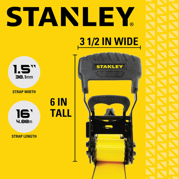 STANLEY S1007 Black/Yellow 1.5" x 16' Ratchet Tie Down Straps - 1,100 lb Safe Working Load / 3,300 lb Break Strength, 2 Pack