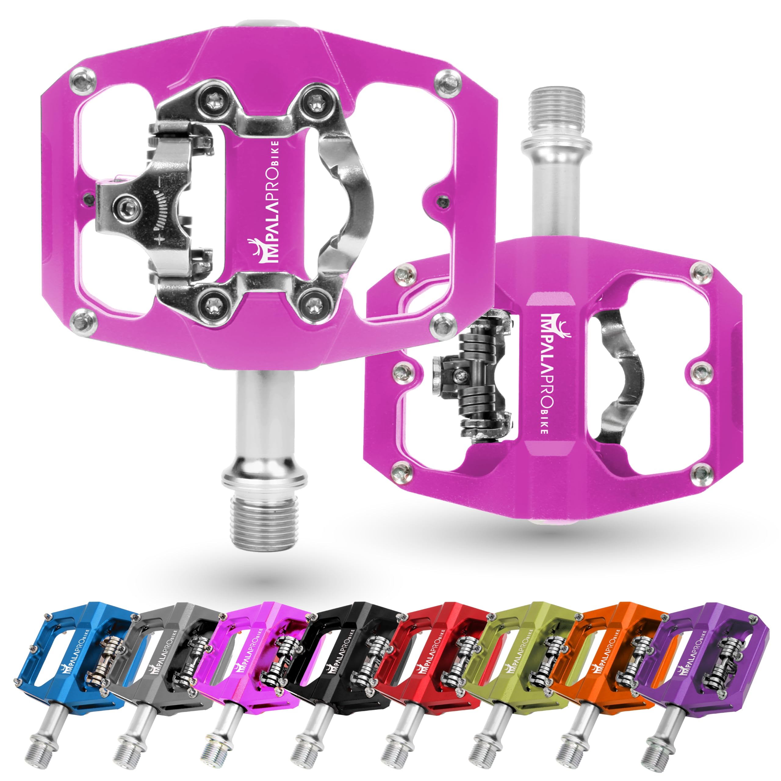 IMPALAPRO - Dual Function Bicycle Pedals 9/16'' Compatible with Shimano - Dual Platform MTB Flat and SPD Clipless Pedals (Pink)