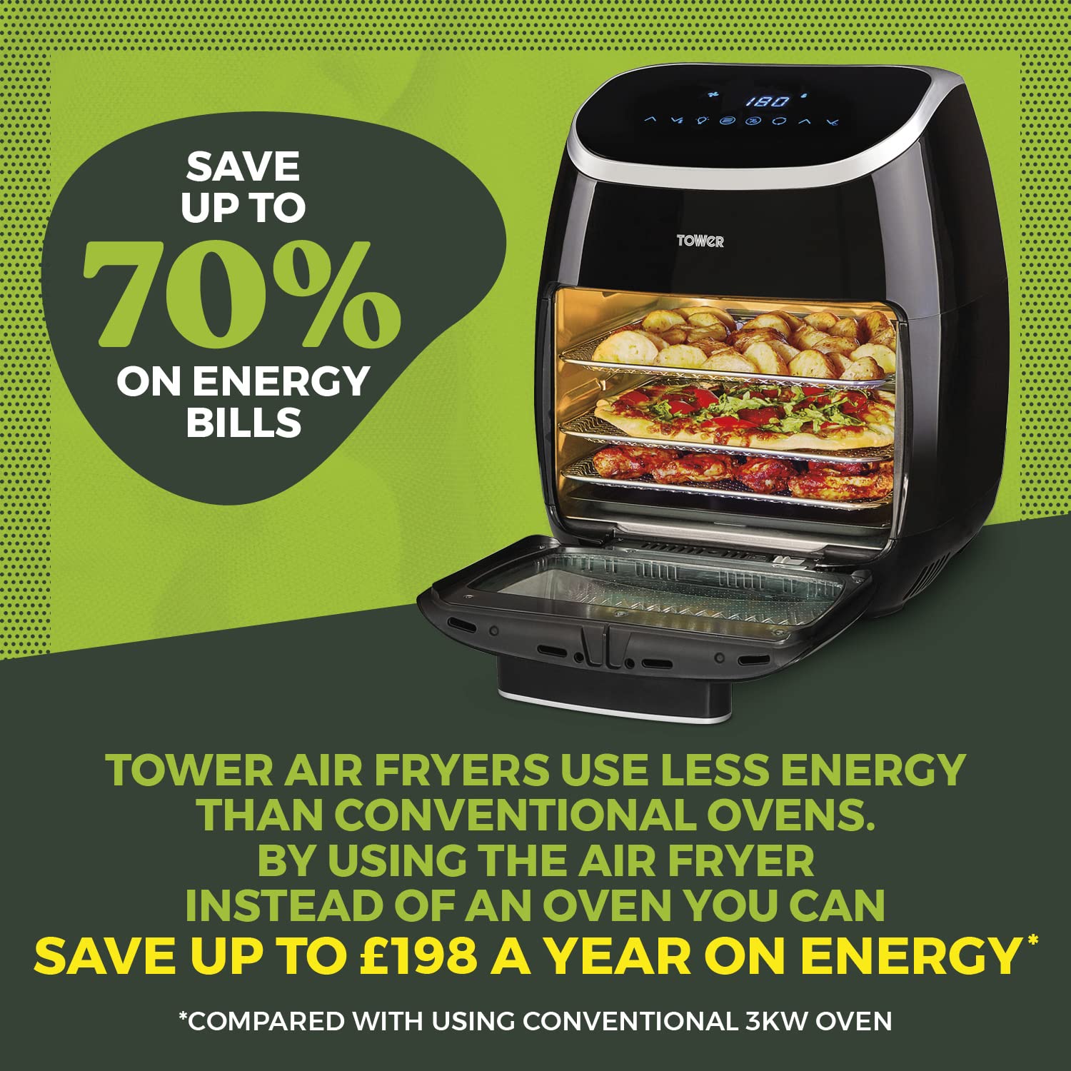 Tower T17122 Vortx Platinum Xpress Digital 30L Air Fryer Oven with Vizion Viewing Window, 18 Cooking Options, 2 Hour Timer, 1800W, Black