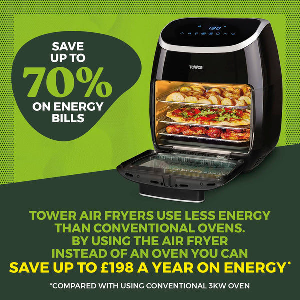 Tower T17122 Vortx Platinum Xpress Digital 30L Air Fryer Oven with Vizion Viewing Window, 18 Cooking Options, 2 Hour Timer, 1800W, Black