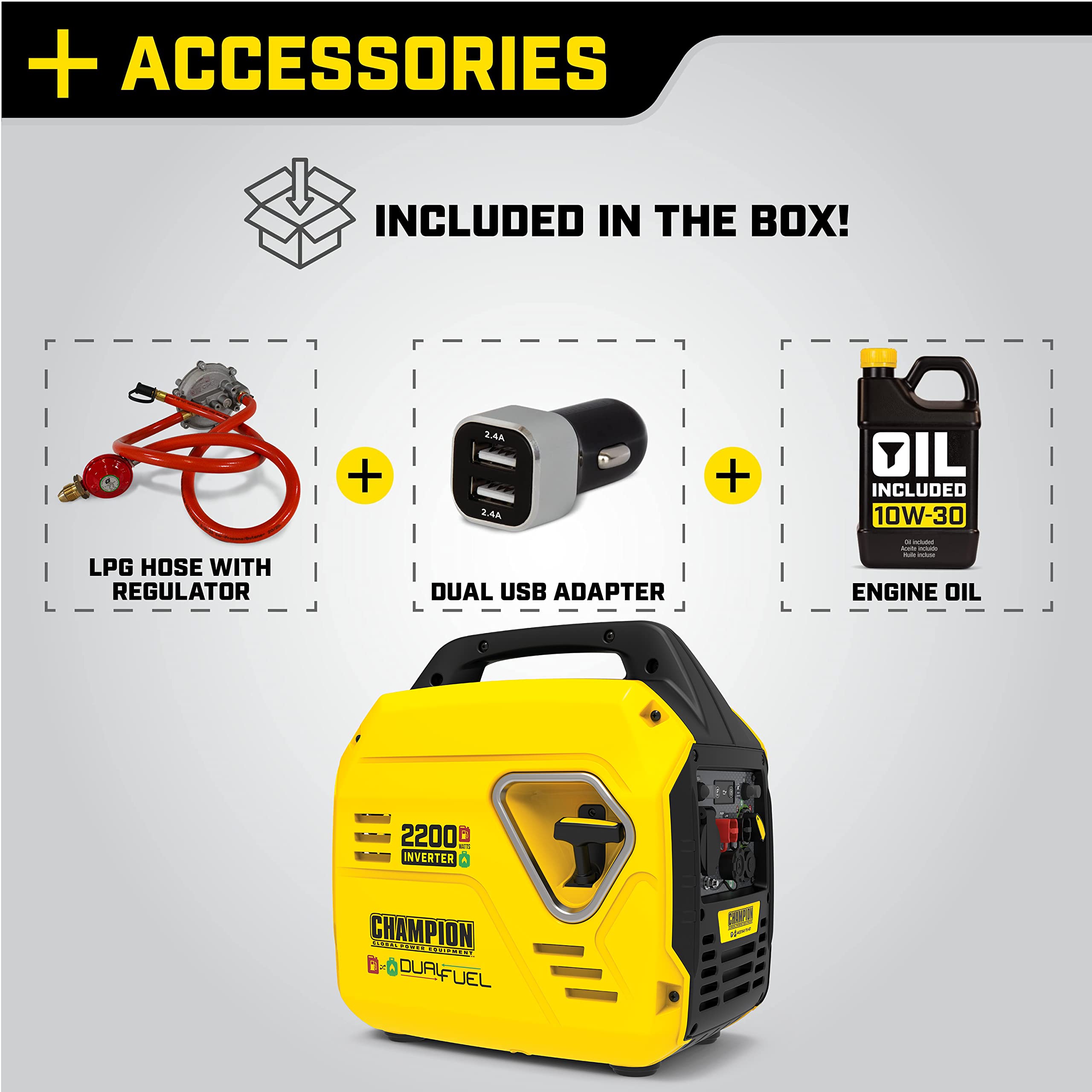 Champion Power Equipment 92001i 2200 Watt LPG Dual Fuel Portable Inverter Generator - 80cc Engine, 4.1L, Petrol or Propane - Lightweight, True Sine Wave, EZ Start, Fuel Fill Assist LED, Ultra Quiet