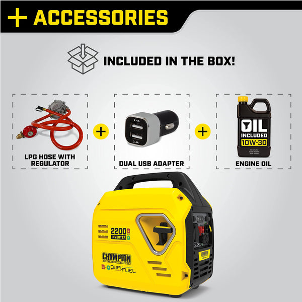 Champion Power Equipment 92001i 2200 Watt LPG Dual Fuel Portable Inverter Generator - 80cc Engine, 4.1L, Petrol or Propane - Lightweight, True Sine Wave, EZ Start, Fuel Fill Assist LED, Ultra Quiet