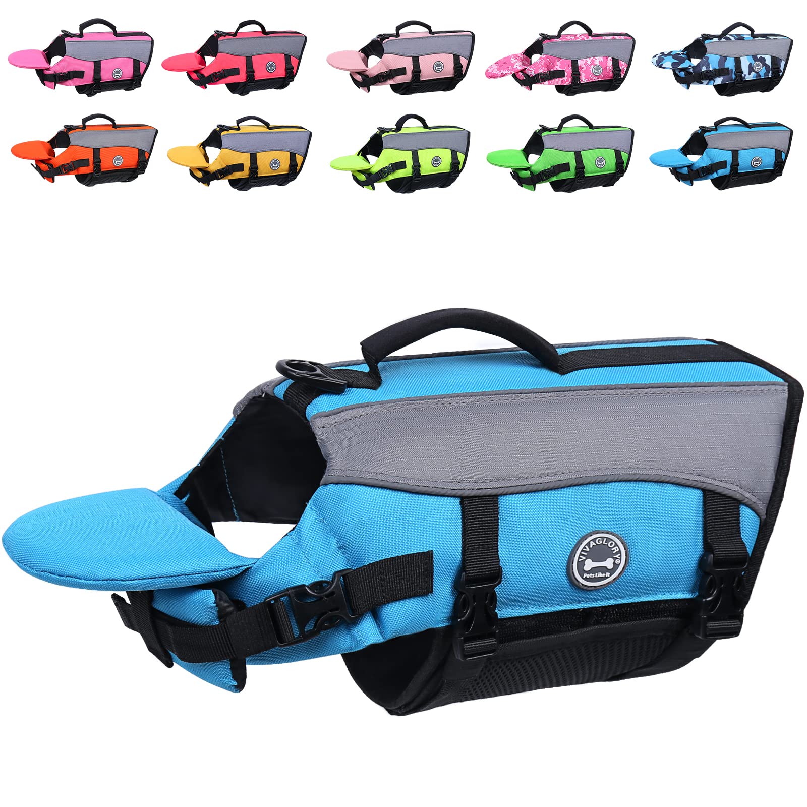 VIVAGLORY Front Float Dog Life Jacket, Dog Buoyancy Aid for Swimming & Boating, Life Vest with Chin Float & Handle, Ripstop & Buoyancy for Doggy, L, Yellow Grey