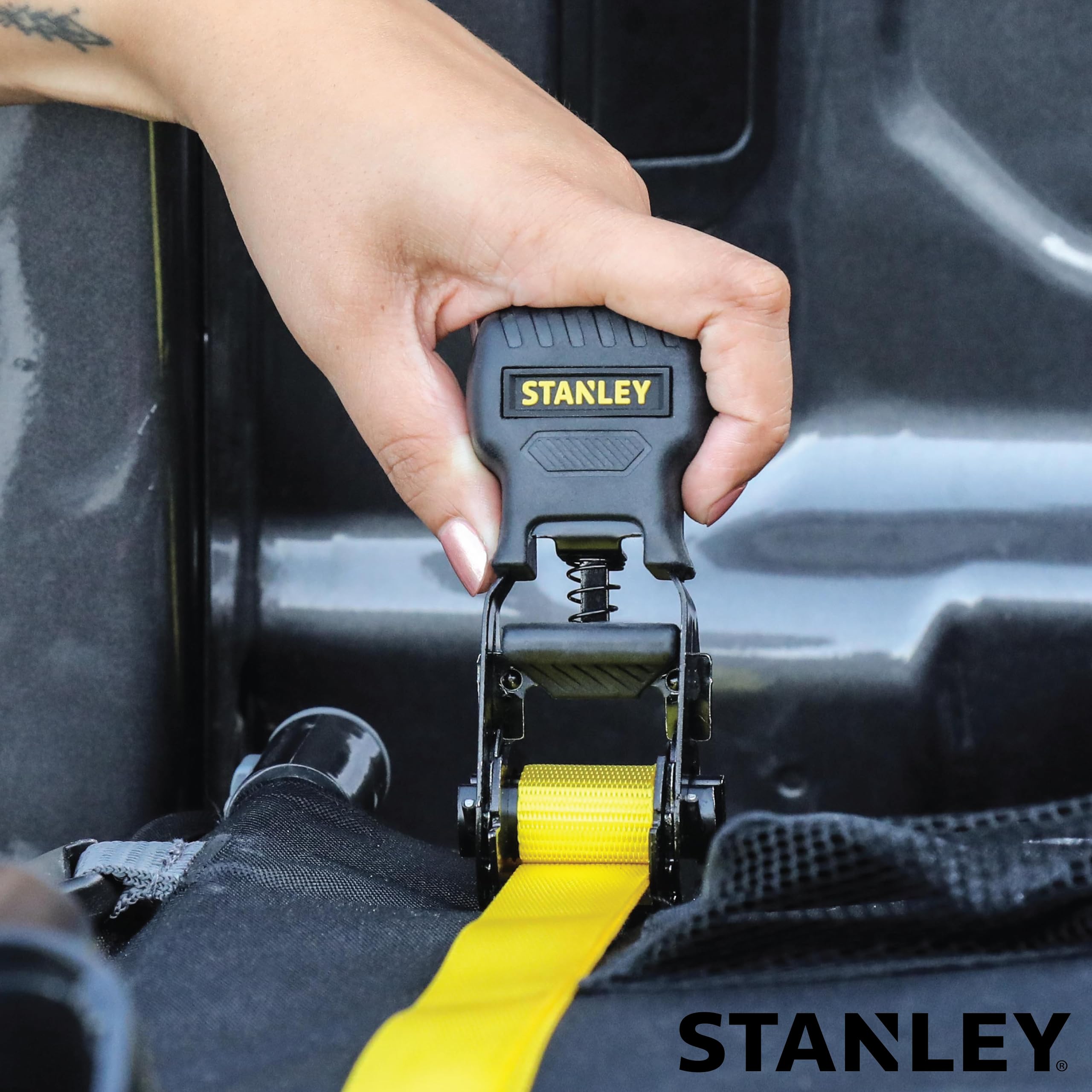 STANLEY S1007 Black/Yellow 1.5" x 16' Ratchet Tie Down Straps - 1,100 lb Safe Working Load / 3,300 lb Break Strength, 2 Pack