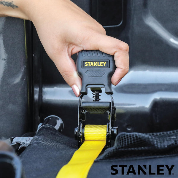 STANLEY S1007 Black/Yellow 1.5" x 16' Ratchet Tie Down Straps - 1,100 lb Safe Working Load / 3,300 lb Break Strength, 2 Pack