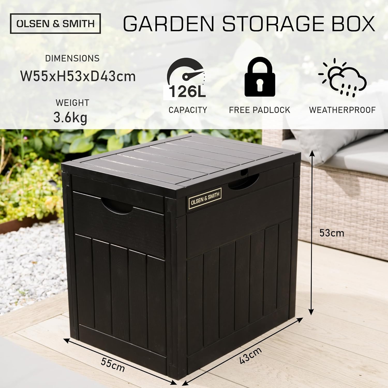 Olsen & Smith 126L Capacity Outdoor Garden Plastic Storage Box Small Balcony Furniture - Lockable with Padlock Lock, Weather Resistant, Wood Panel Look Shed Chest