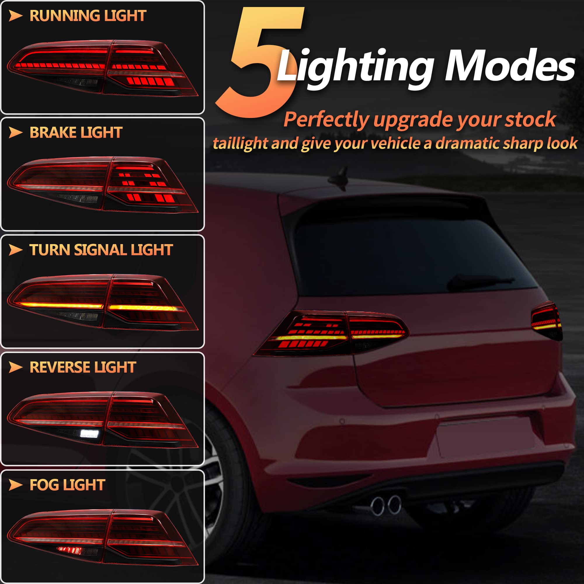 VLAND LED Rear Lights compatible with Golf MK7 Golf MK7.5 Hatchback 2012-2020 [Not fit MK7.5 GTI & R], w/Sequential indicator, Driver & Passenger Side - Red