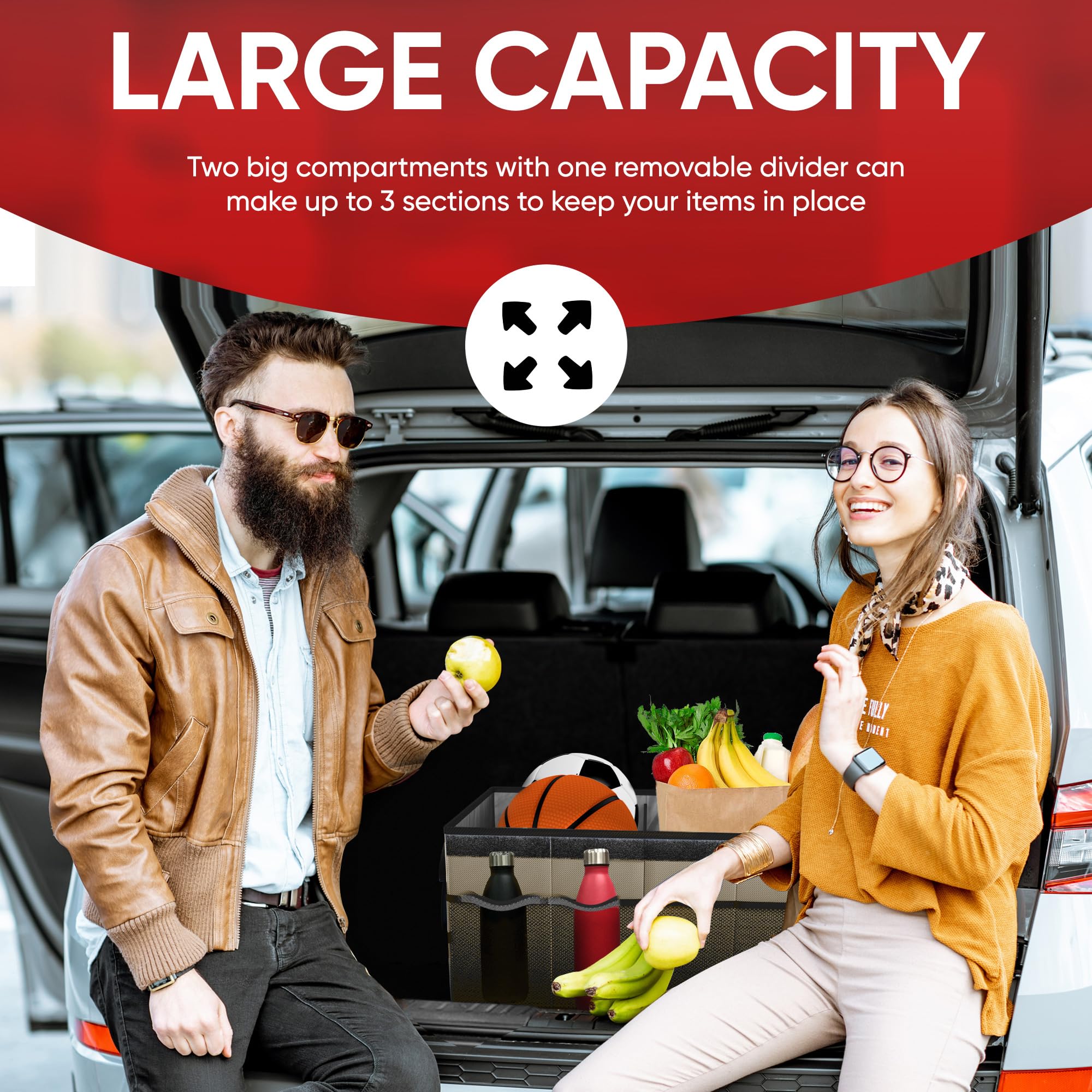 FORTEM Car Boot Organiser, Collapsible Multi Compartment SUV Organizer, Foldable Storage for Car Accessories for Women Men, 600D Oxford, Non Slip Bottom, Securing Straps, Soft Cover (50L)