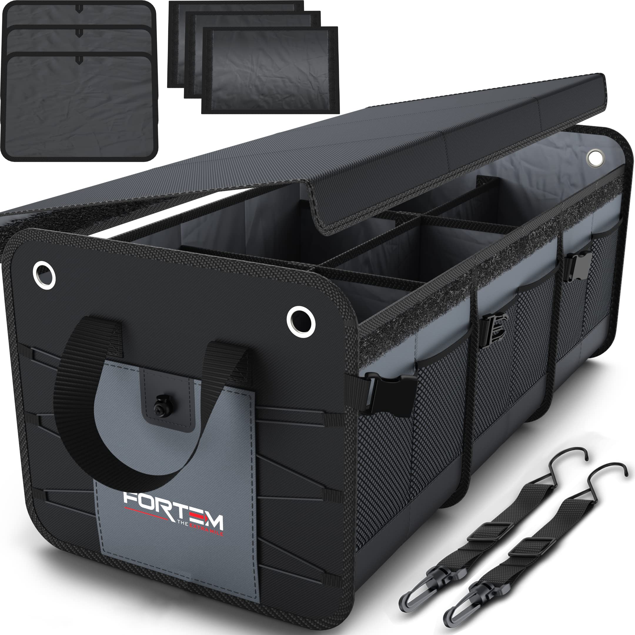 FORTEM Car Boot Organiser, SUV Boot Tidy, Trunk Storage, Collapsible Multi Compartment Car Organiser, Non Slip Bottom, Adjustable Securing Straps, Foldable Cover (65L)