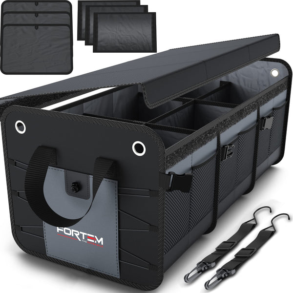 FORTEM Car Boot Organiser, SUV Boot Tidy, Trunk Storage, Collapsible Multi Compartment Car Organiser, Non Slip Bottom, Adjustable Securing Straps, Foldable Cover (65L)