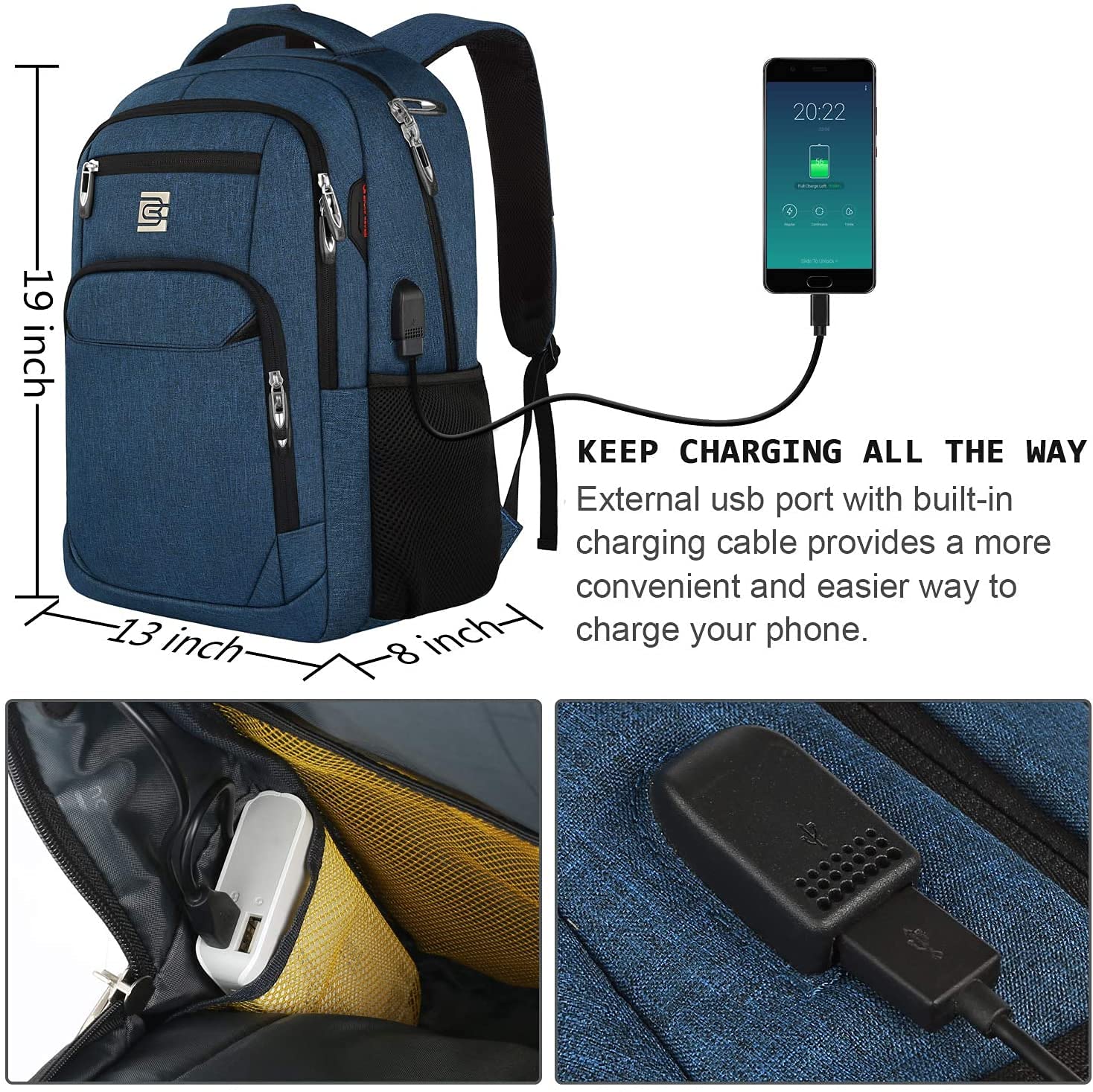 KASIBON Laptop Backpack with USB Charging&Headphone Port,Anti-Theft Business Laptop Backpack with Breathable Padded Shoulder Strap, Water Resistant Computer Rucksack