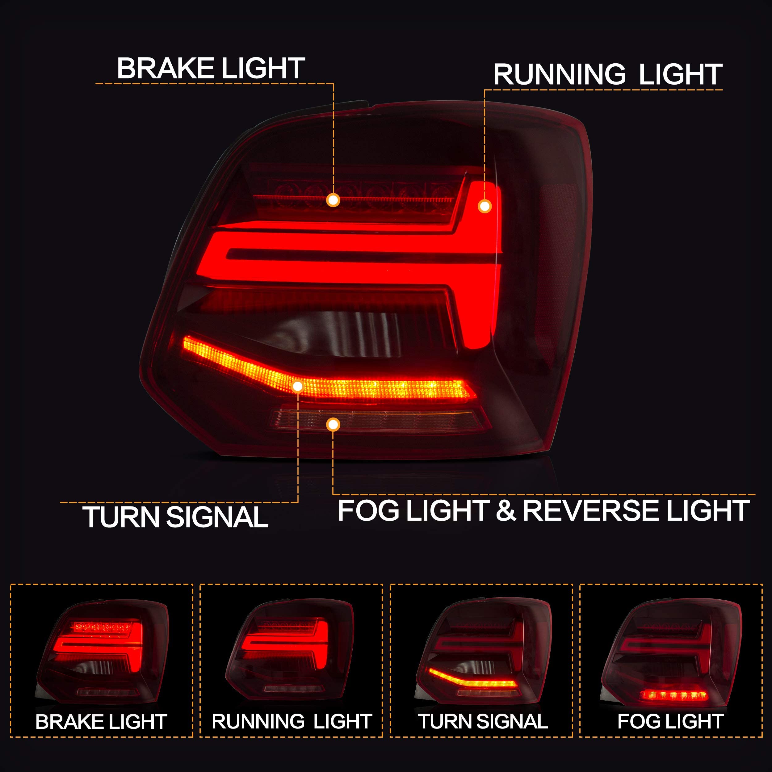 VLAND LED Tail Light Compatible with Polo 5 6R 6C TSI 2009-2017(Not for 1.2 TSI/saloon/GTI), Rear Lights with Streamer Indicator, E-mark, RHD, Smoked