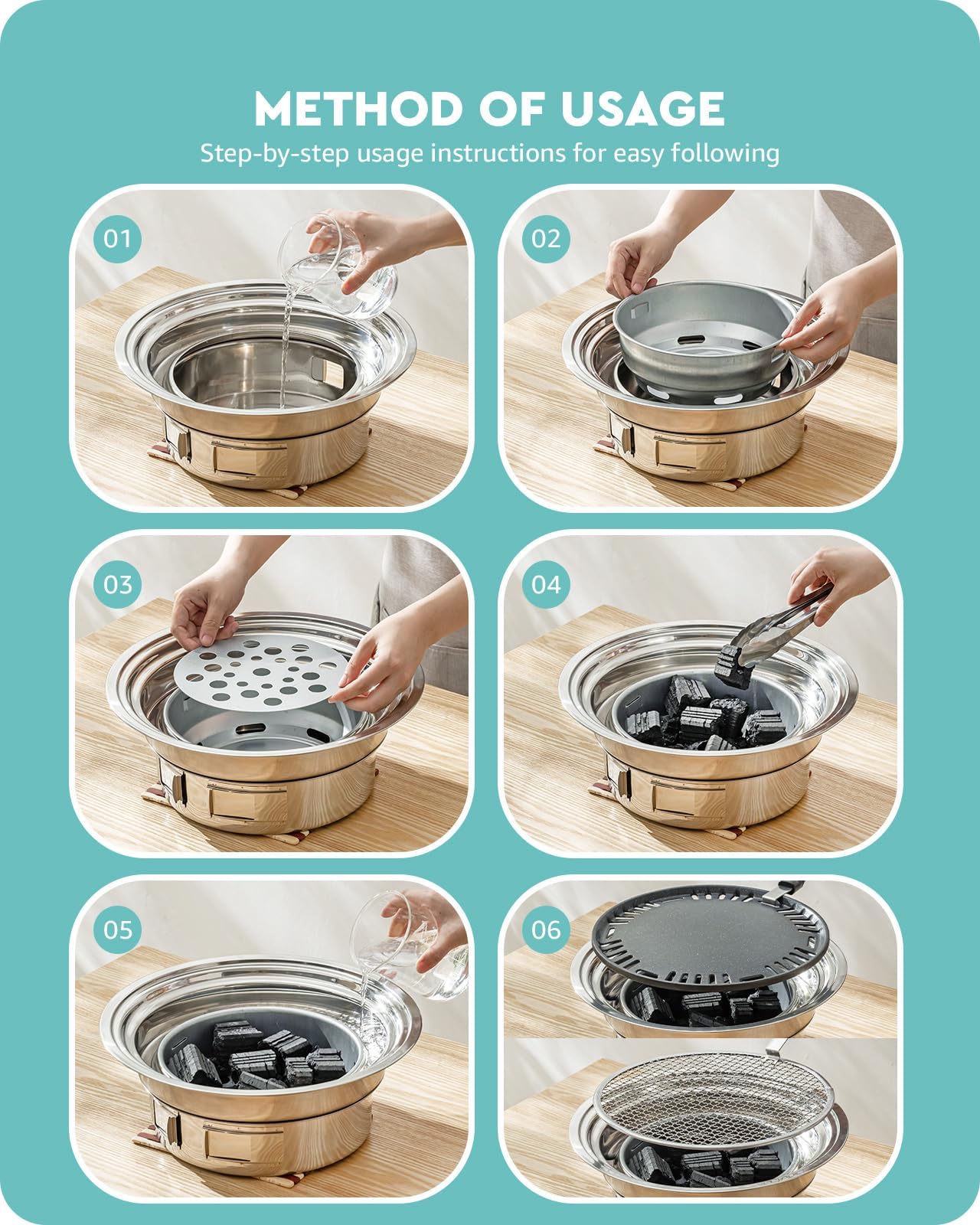 Charcoal Grill Korean Barbecue Grill Portable Stainless Steel Non-stick Charcoal Stove for Outdoor Camping BBQ Grill 13.7 inches Small Grill Outdoor