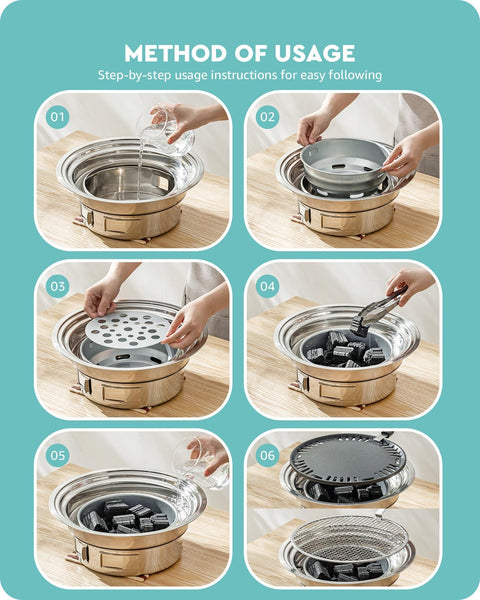 Charcoal Grill Korean Barbecue Grill Portable Stainless Steel Non-stick Charcoal Stove for Outdoor Camping BBQ Grill 13.7 inches Small Grill Outdoor