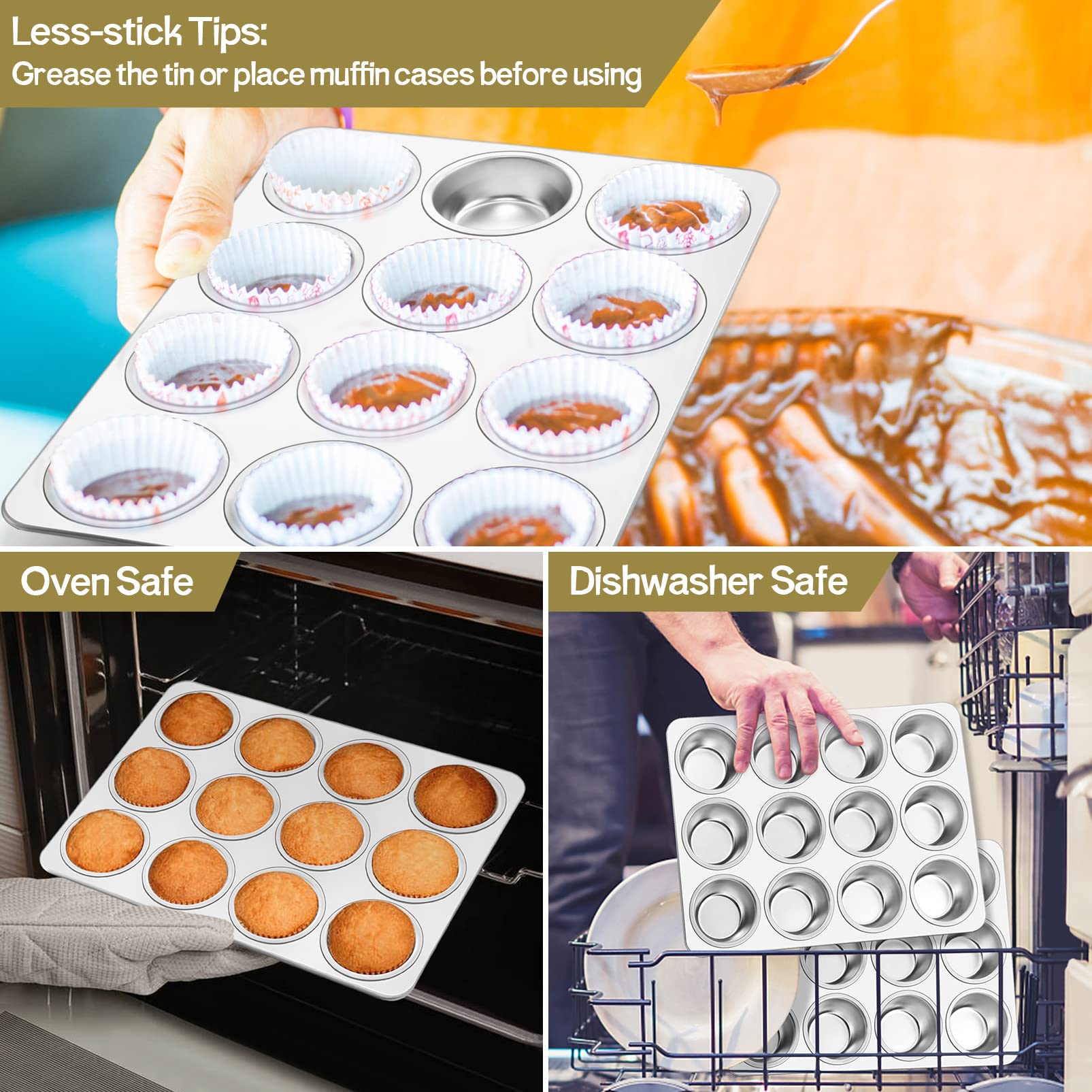 Homikit 2 Pack Muffin Tin, Stainless Steel 12 Cup Muffin Trays Cupcake Mould, Perfect for Baking Yorkshire Pudding/Pie/Brownies/Cupcakes/Muffin, Non
