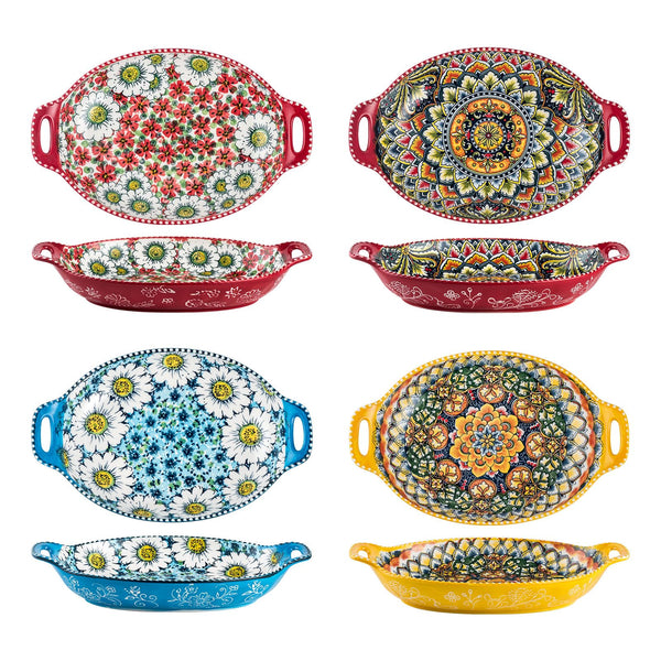 Henten Home Salad Bowl Set of 4, Porcelain Large Pasta Bowl/Fruit Bowls with Handles - 32 OZ, Vibrant Colour Large Bohemian Bowls Serving Dishes for